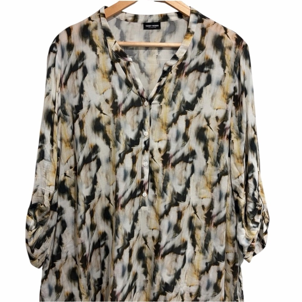 2/$25 Women's Abstract Print Blouse with Half Button-Up Front and Roll-Up Tabs